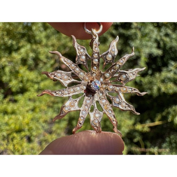 Antique Jewelry - Antique 10k Solid Yellow Gold Natural Seed Pearl Old Mine Cut Diamond Pendant